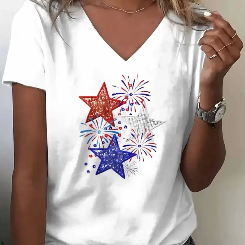 Women’s White V-Neck Star & Fireworks Graphic Tee
